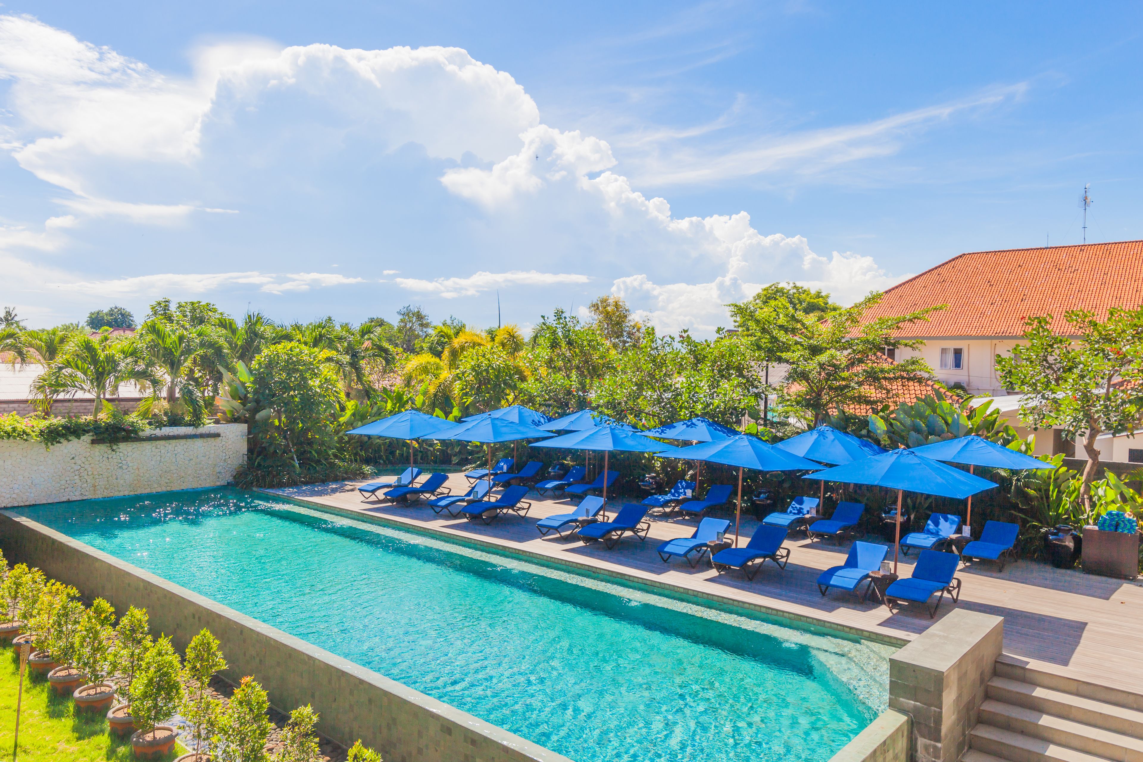 outdoor pool, pool loungers