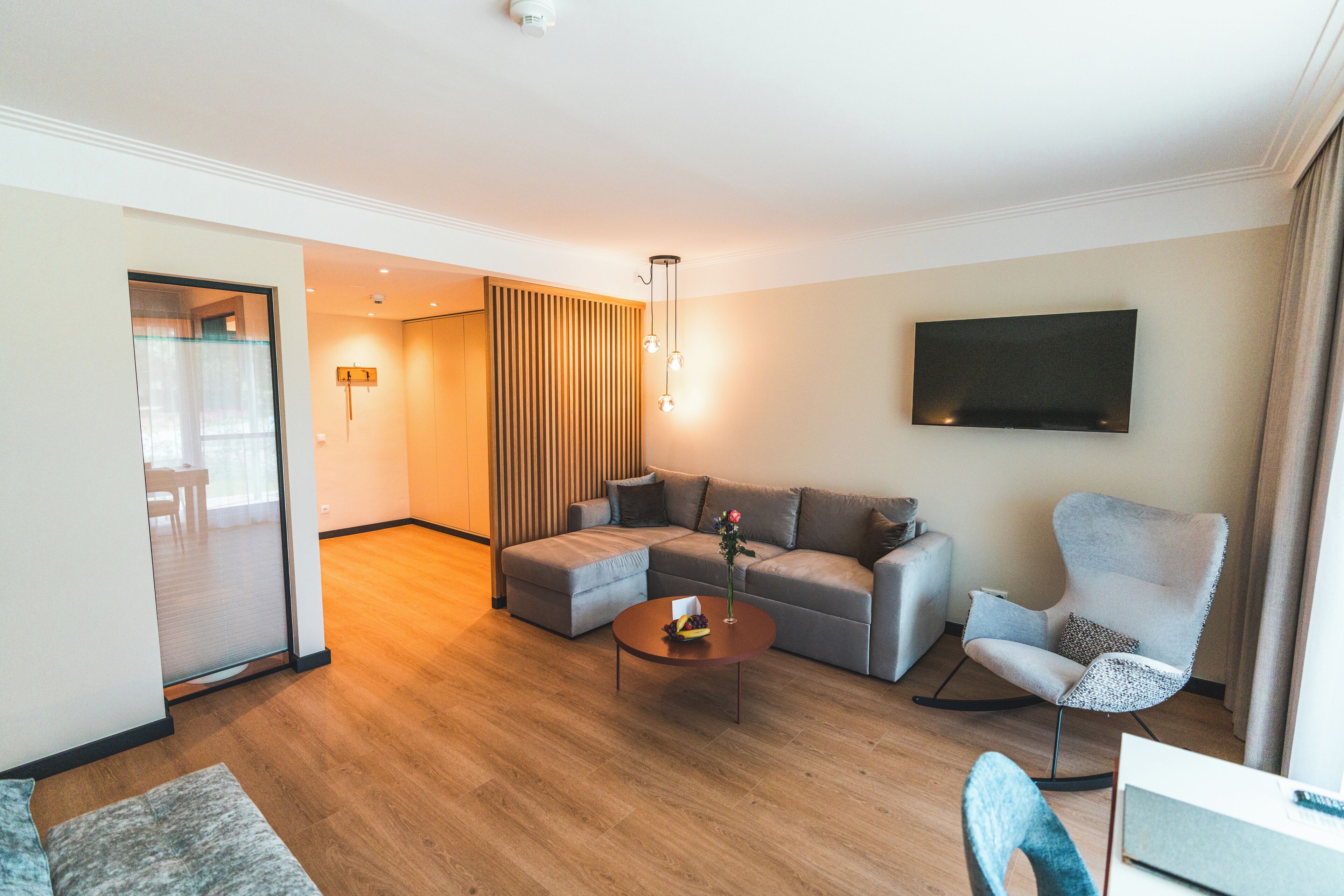 deluxe studio suite | living area | flat-screen tv, toys
