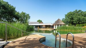 Une terrasse en bois mène à une piscine, avec une structure à toit de chaume en arrière-plan.
