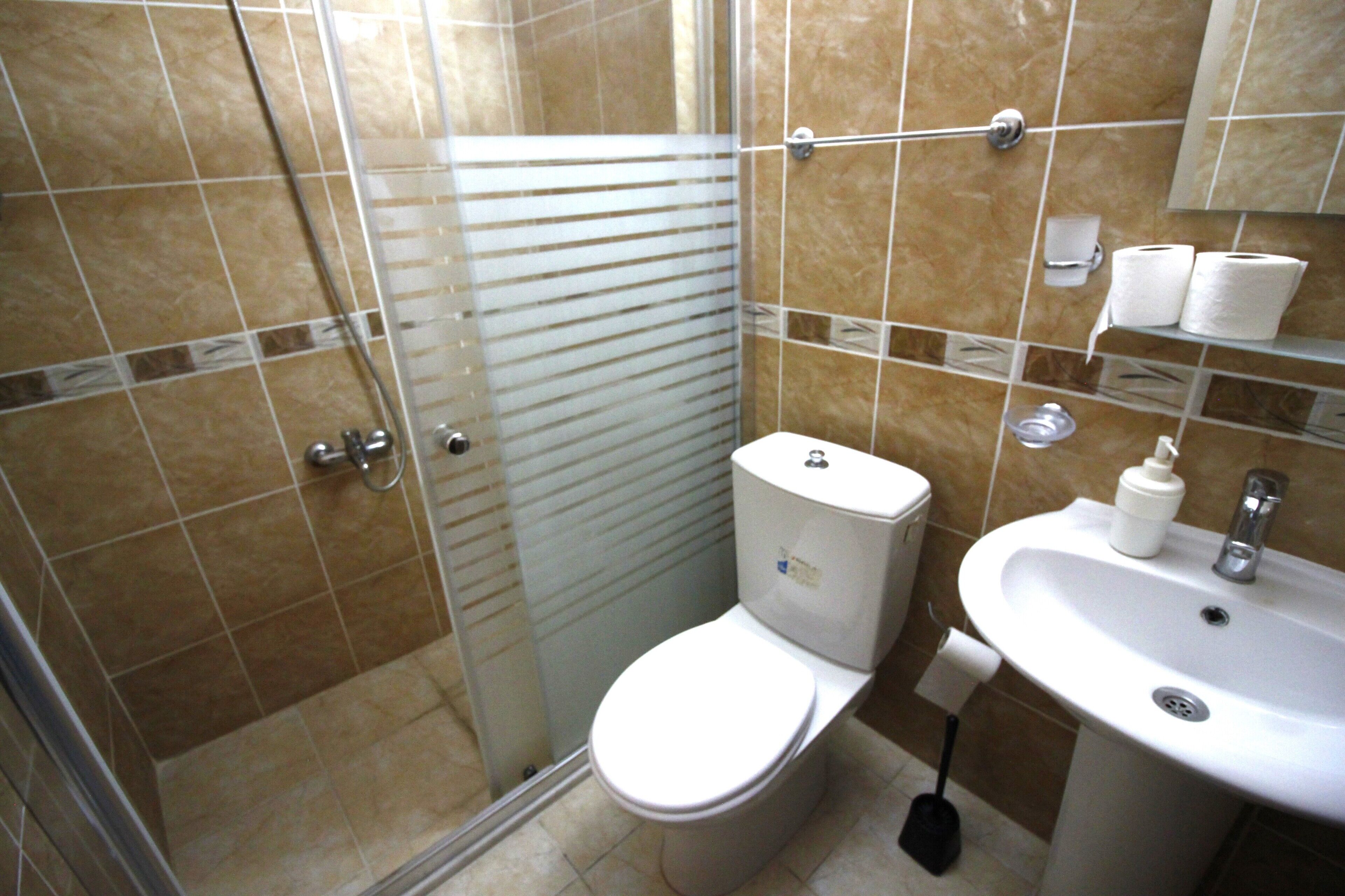 A bathroom with a toilet, sink, and shower.