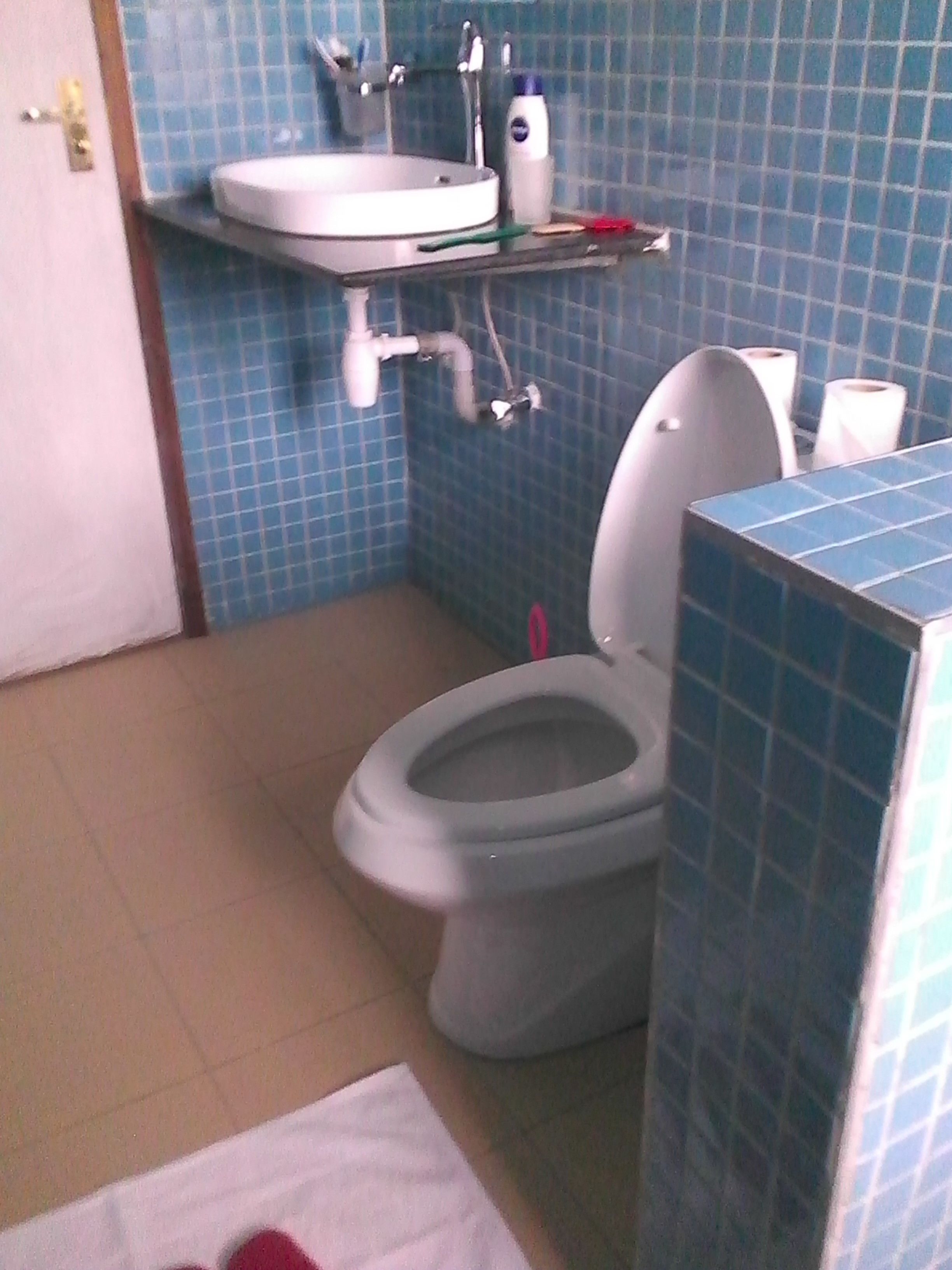A bathroom with a toilet, sink, and blue-tiled walls.