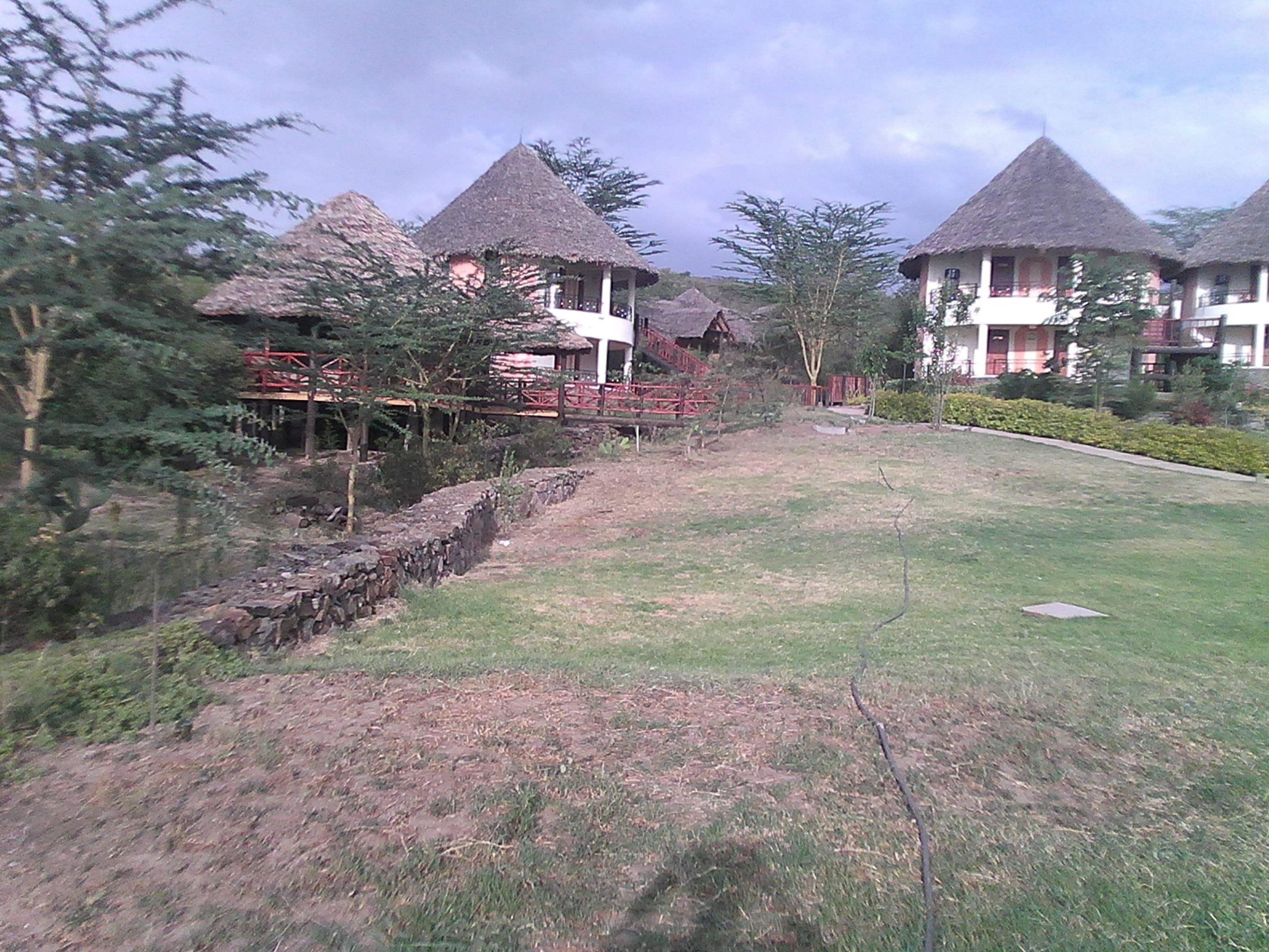 A resort with thatched-roof cottages, a stone retaining wall, and a grassy lawn.