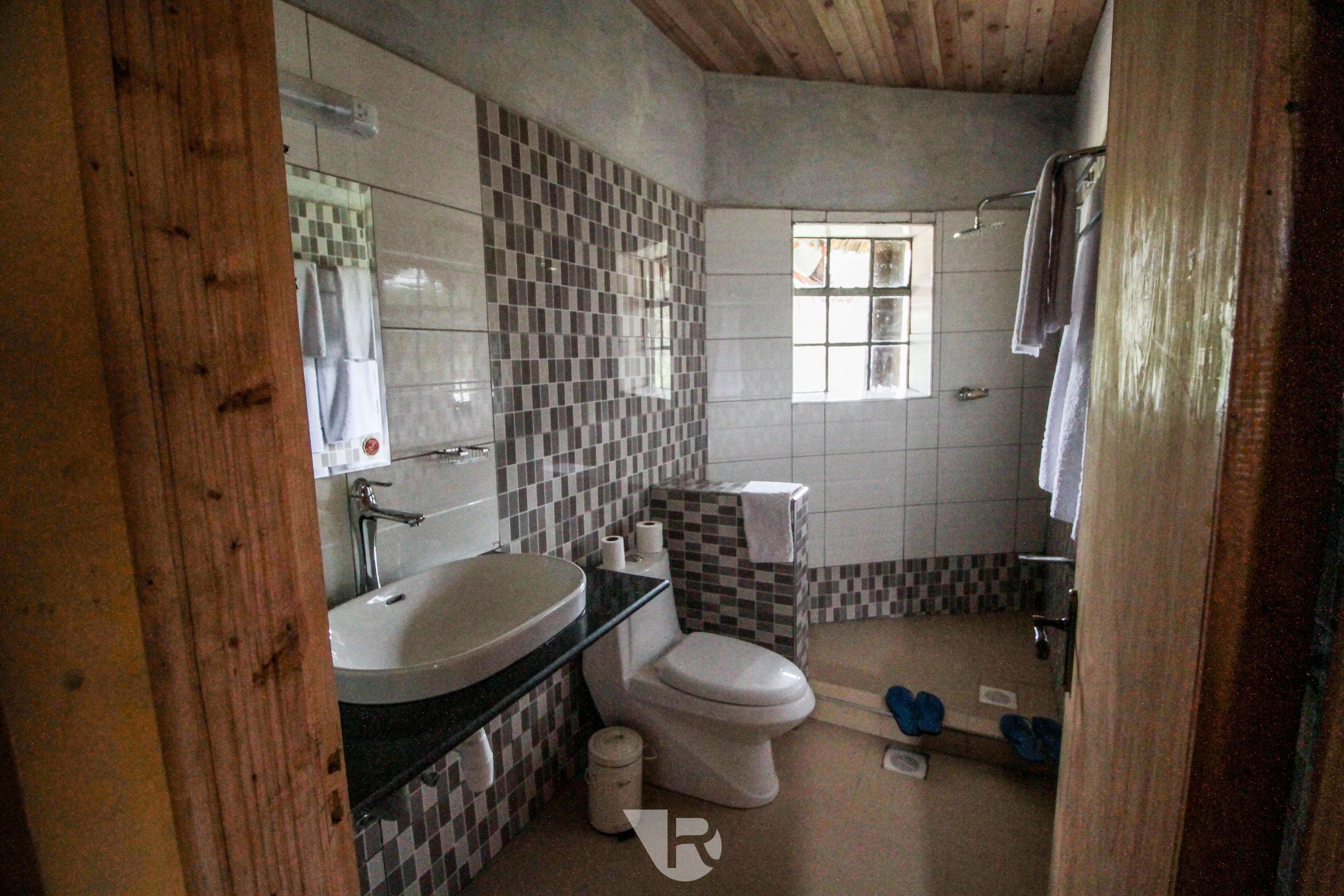 Een badkamer met een wastafel, toilet en douche.