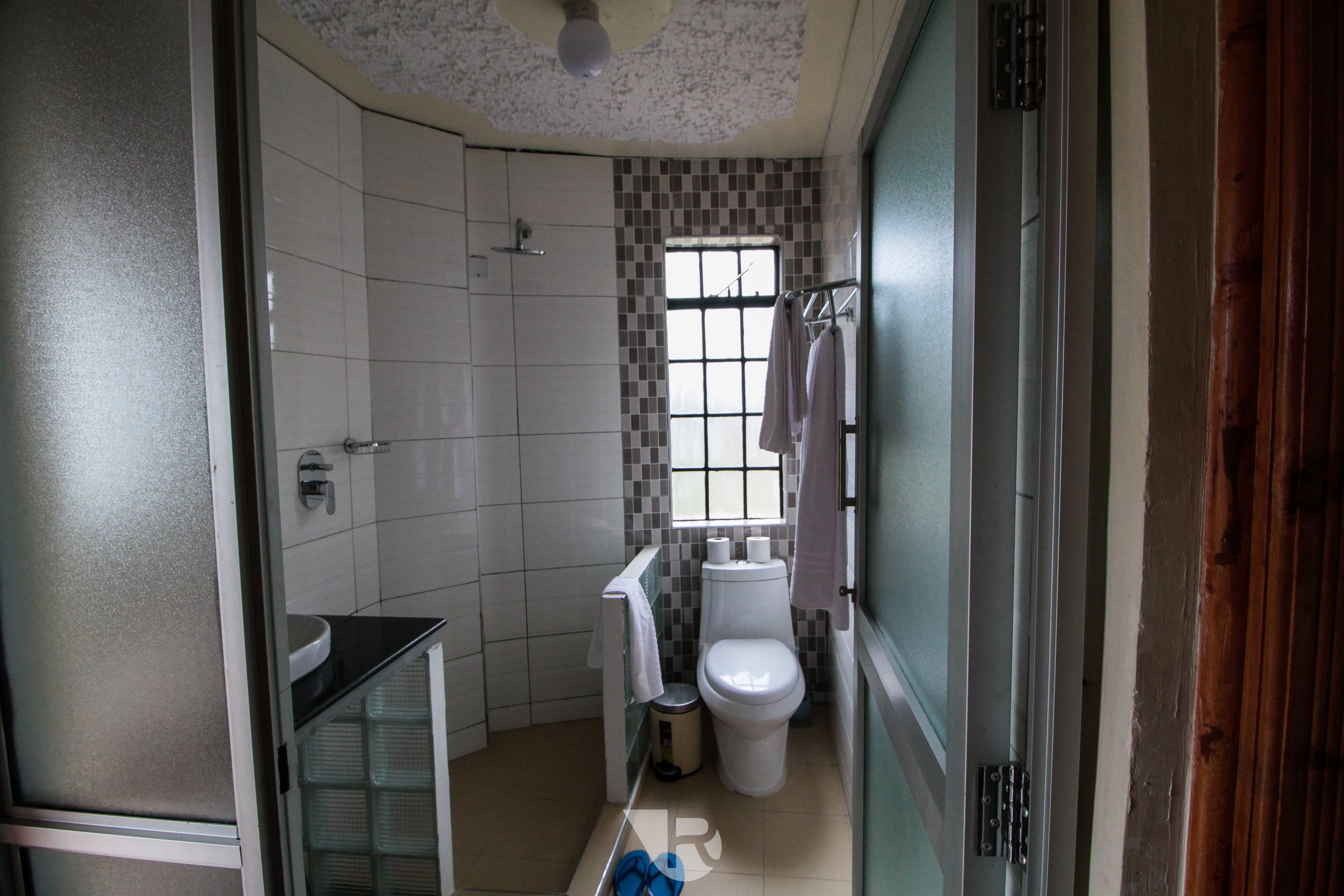 A compact bathroom with a shower, toilet, and sink.