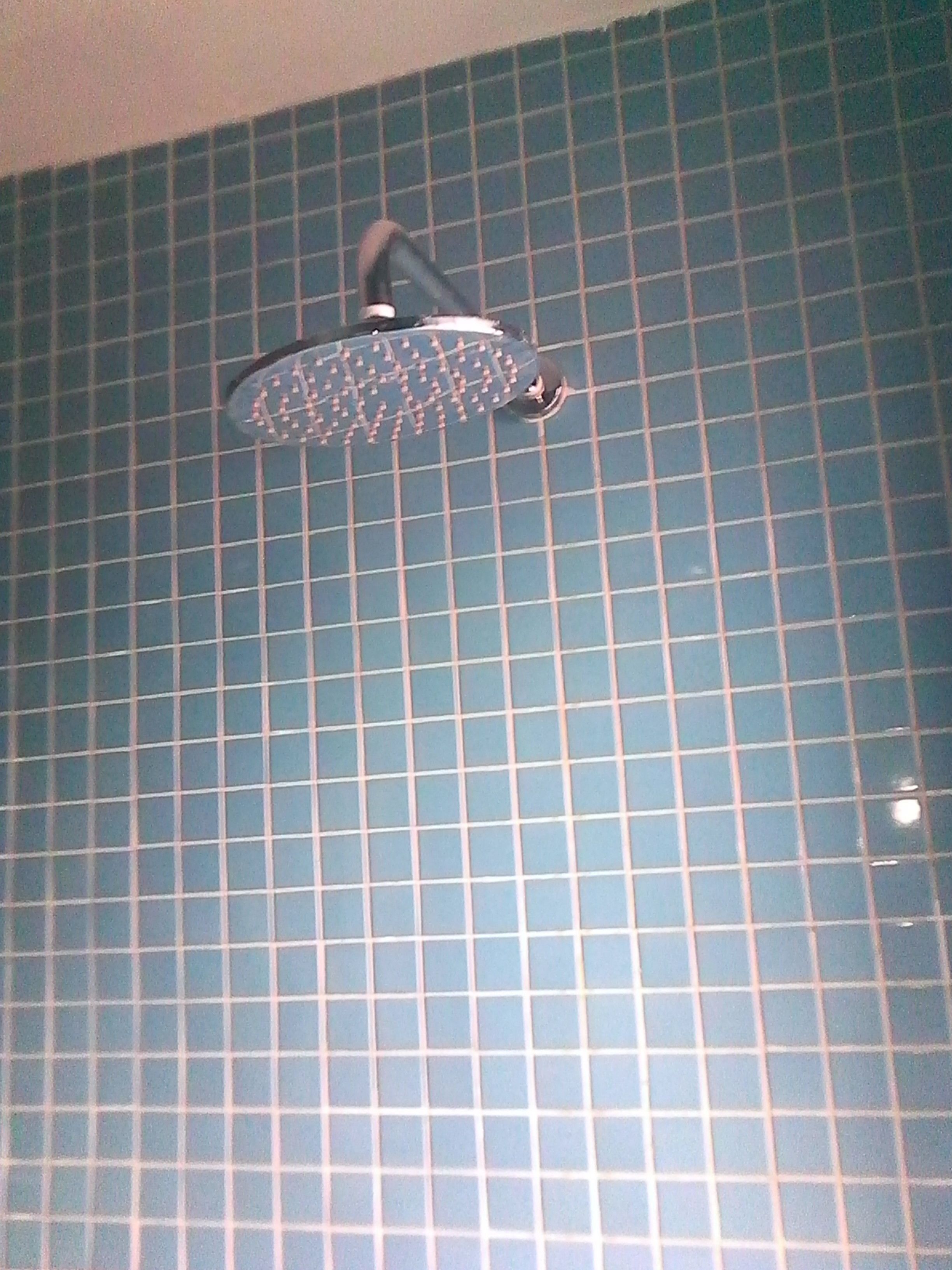A showerhead mounted on a tiled wall.