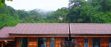 Una cabaña de madera con techo de tejas, ventanas amplias y una antena parabólica.