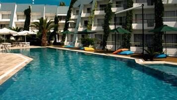 Outdoor pool, pool umbrellas, pool loungers