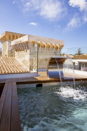 Outdoor pool, pool umbrellas, pool loungers