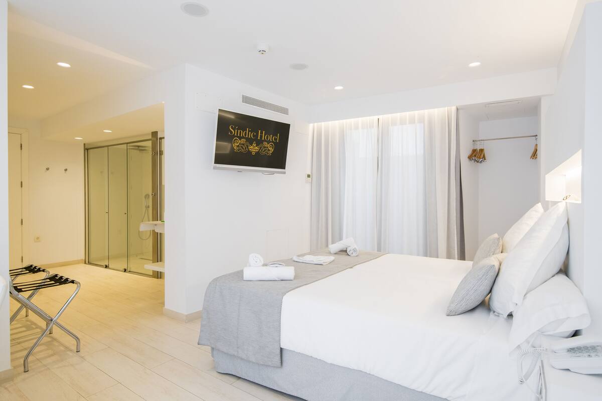 Une chambre d’hôtel moderne équipée d’un lit, d’une télévision, d’une douche en verre et d’un étendoir à linge.