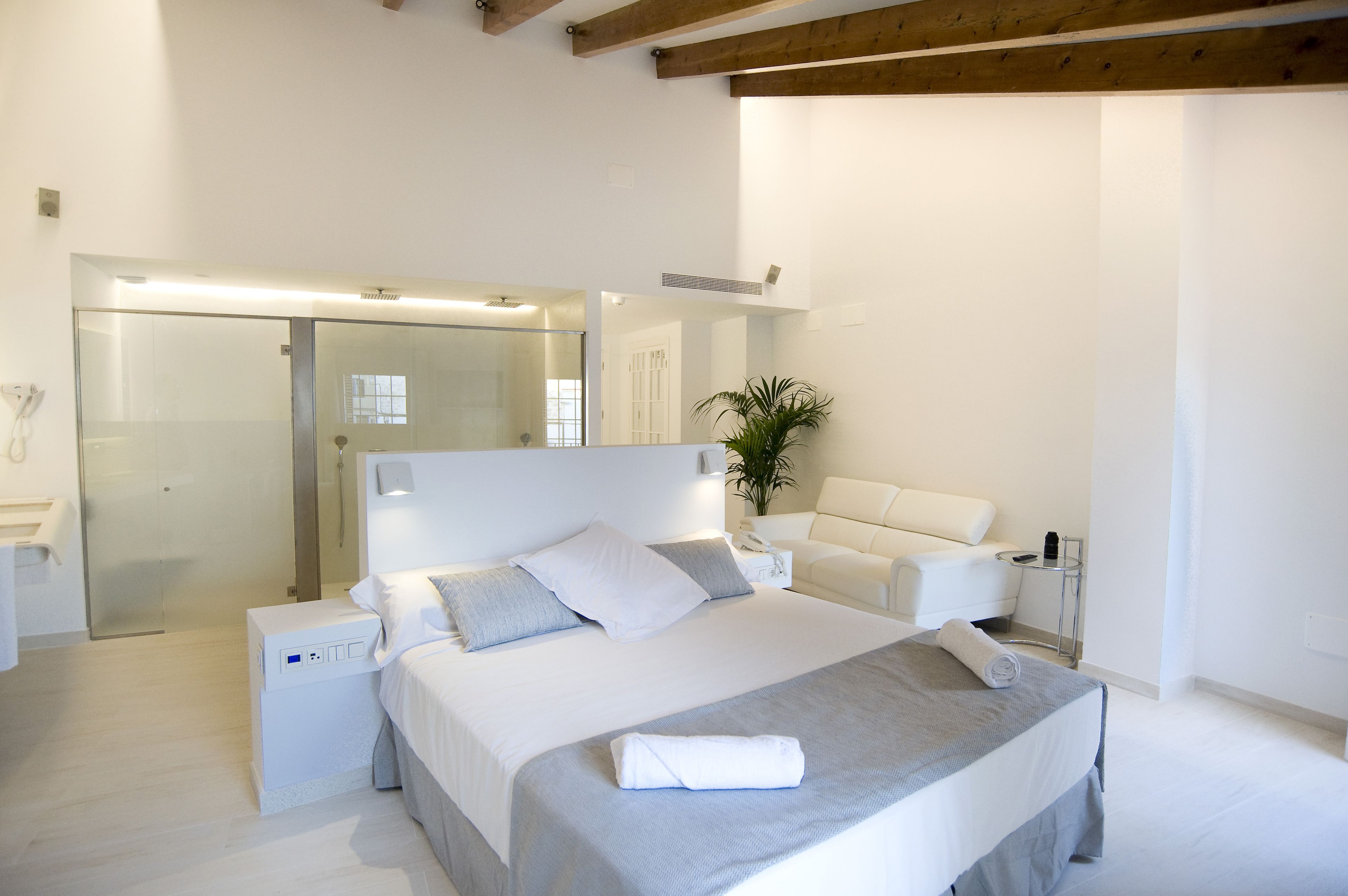 Un dormitorio moderno con una cama grande, una mesita de noche, una silla, una pequeña mesa y una planta en maceta.