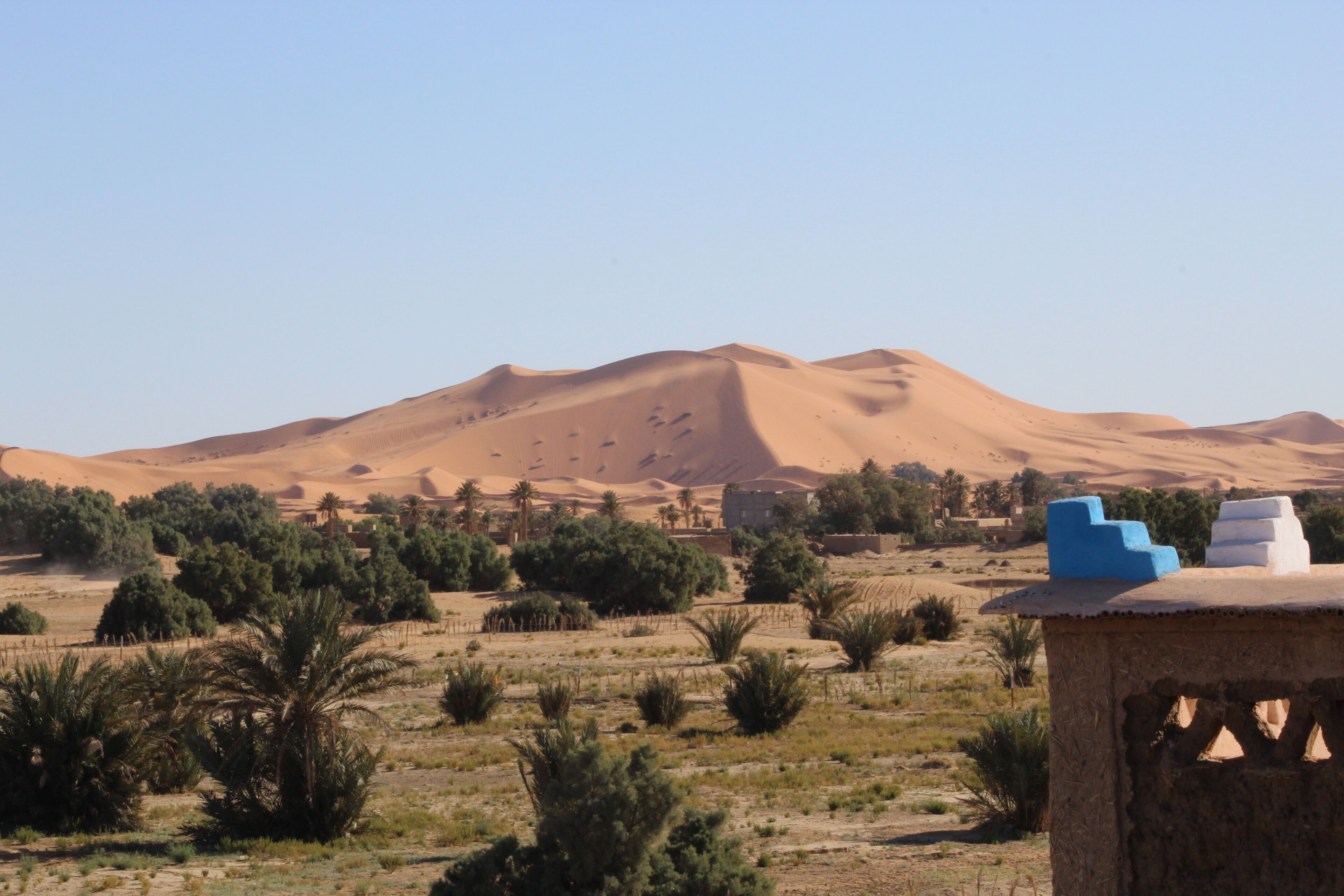 Paisaje desértico con dunas de arena, vegetación escasa y una estructura pequeña con detalles azules y blancos.
