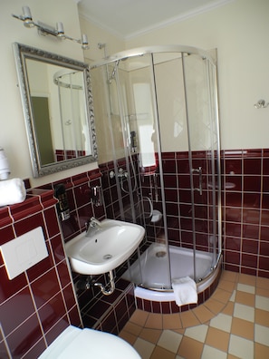 Een badkamer met een douche met glazen wand, een witte wastafel en een grote spiegel.