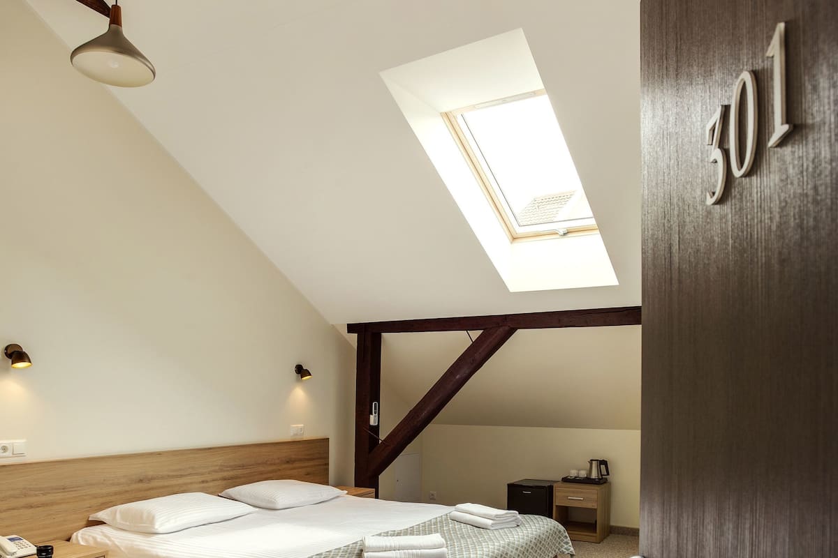 A bedroom with a skylight, a bed, a bedside table, a nightstand, and a door with a number.