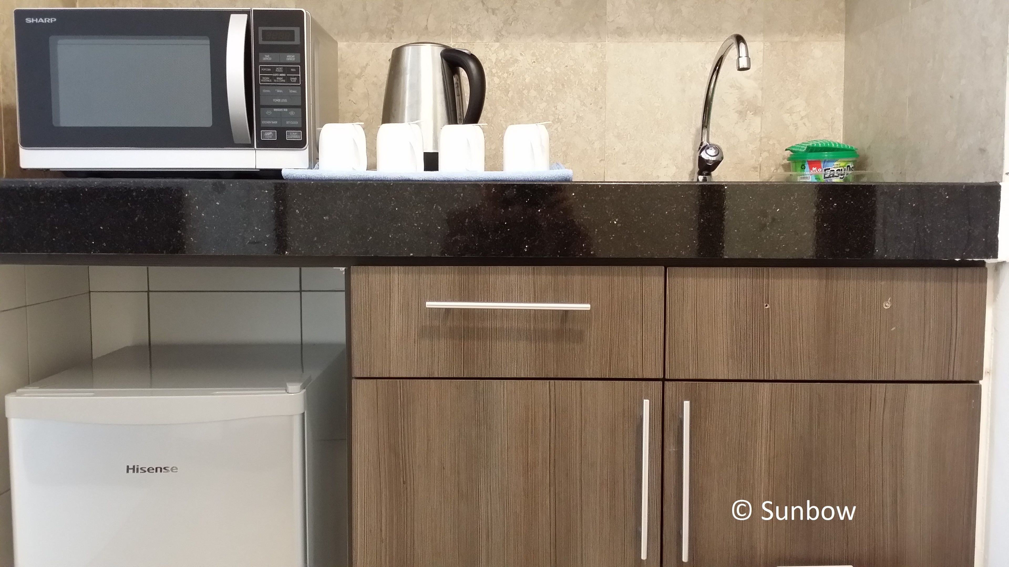 fridge, microwave, electric kettle