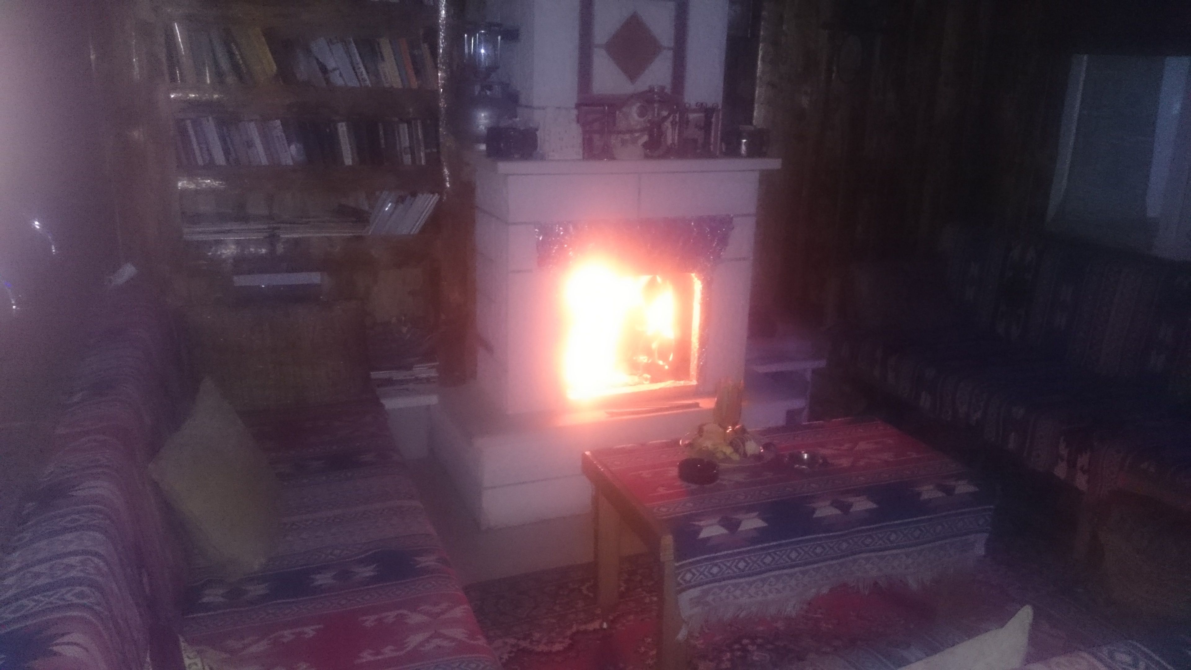 A living room with a fireplace, a sofa, and a bookshelf.