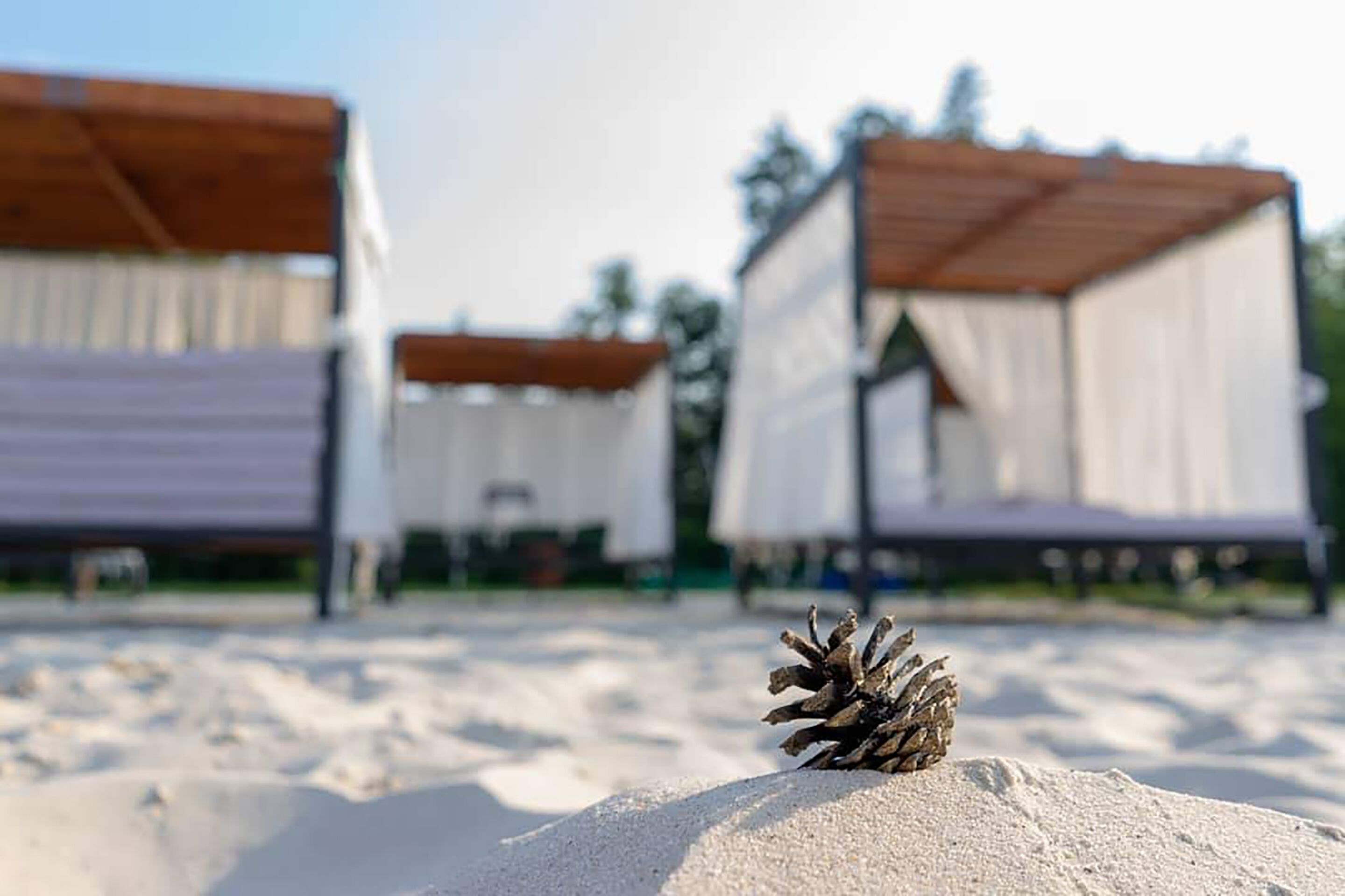 Una playa arenosa con un piñón en primer plano y dos cabañas blancas con techos marrones al fondo.