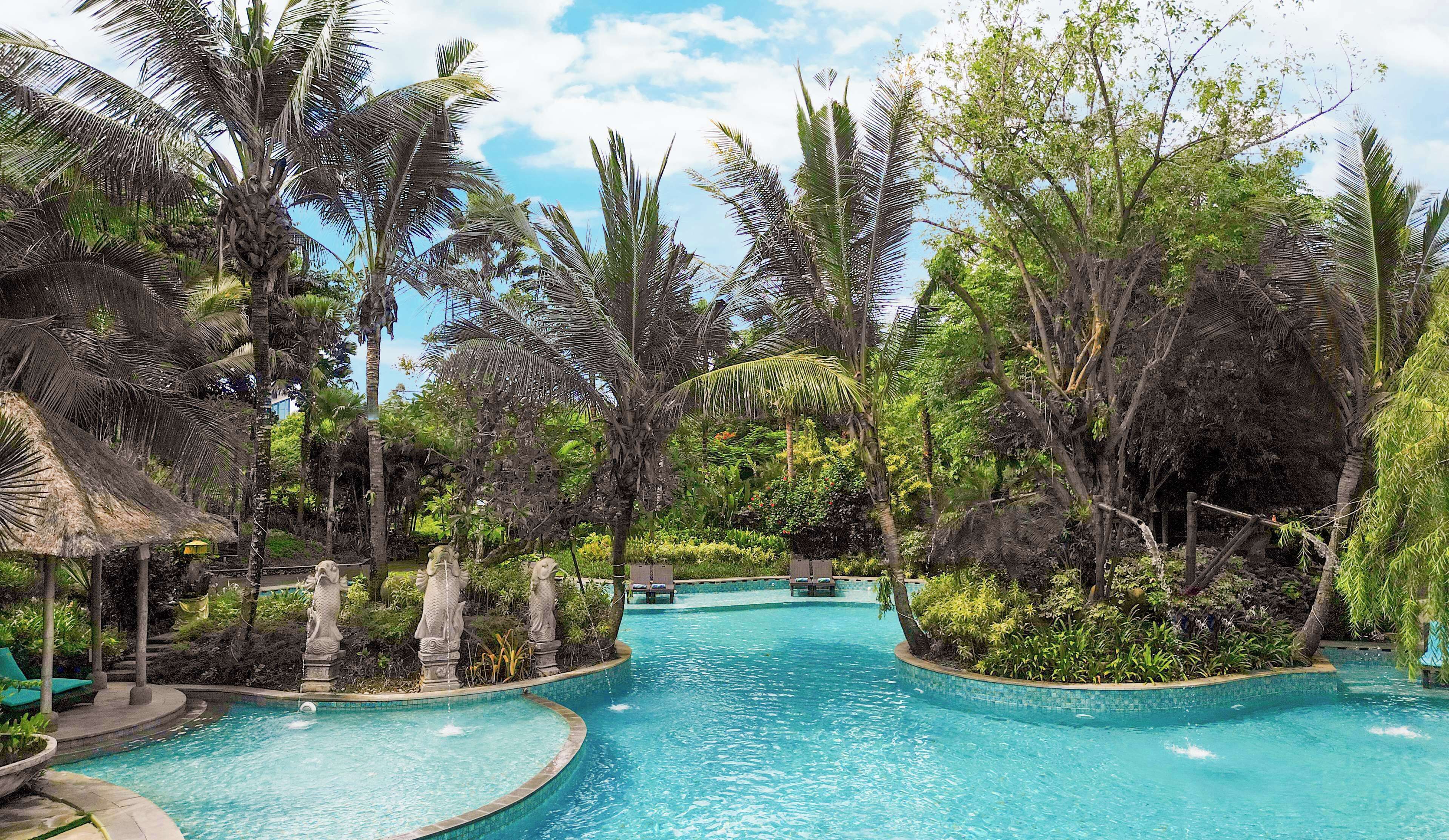 Un resort tropical con una piscina central rodeada de exuberante vegetación y palmeras.