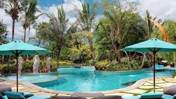 Outdoor pool, open 7 AM to 9 PM, pool umbrellas, sun loungers