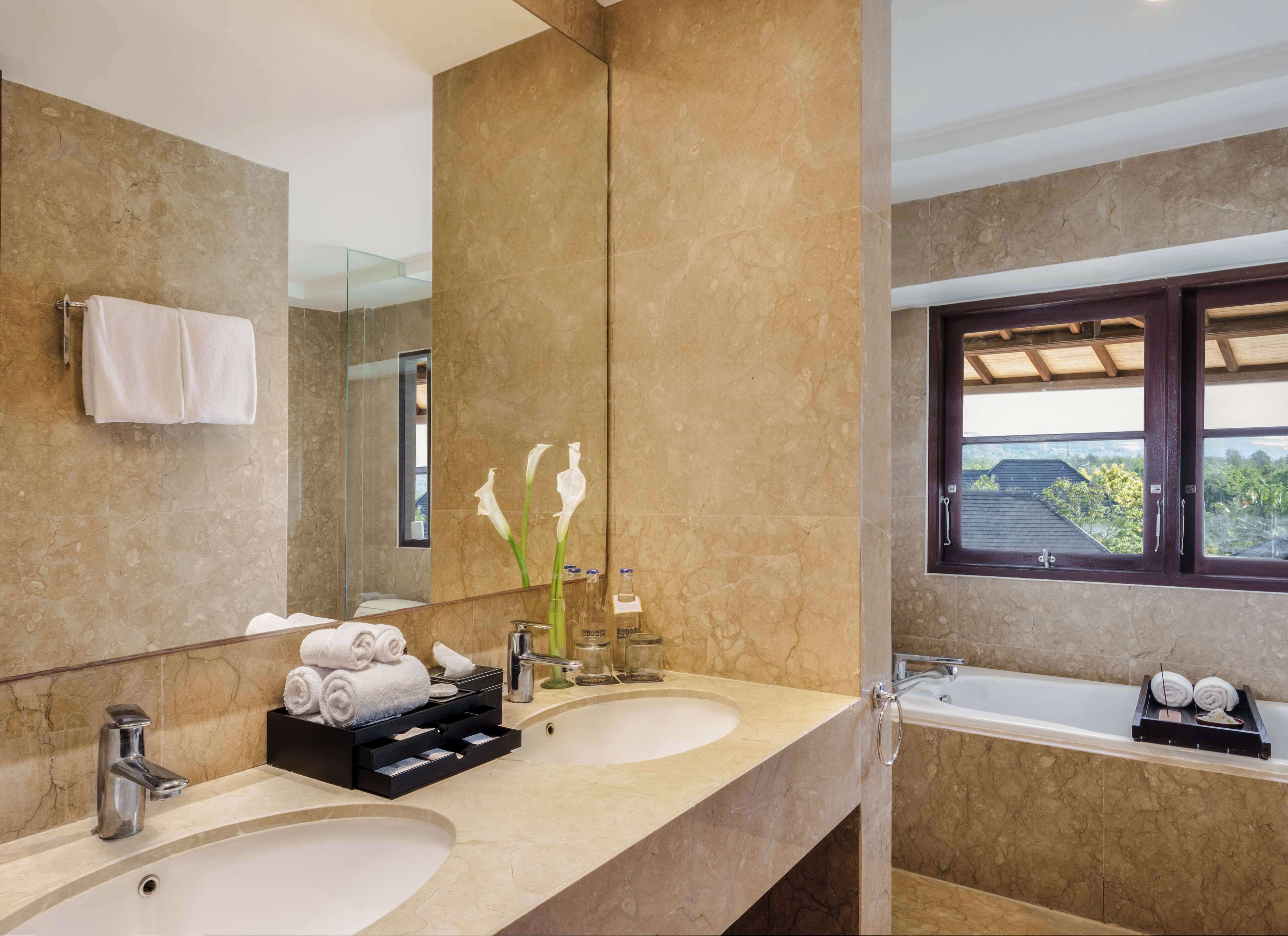 A modern bathroom with two sinks, a large mirror, and a window with a view.