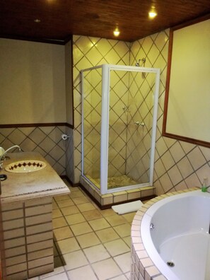 A bathroom with a shower, sink, and bathtub. - Africlassic River Lodge- Rivonia (Sandton)