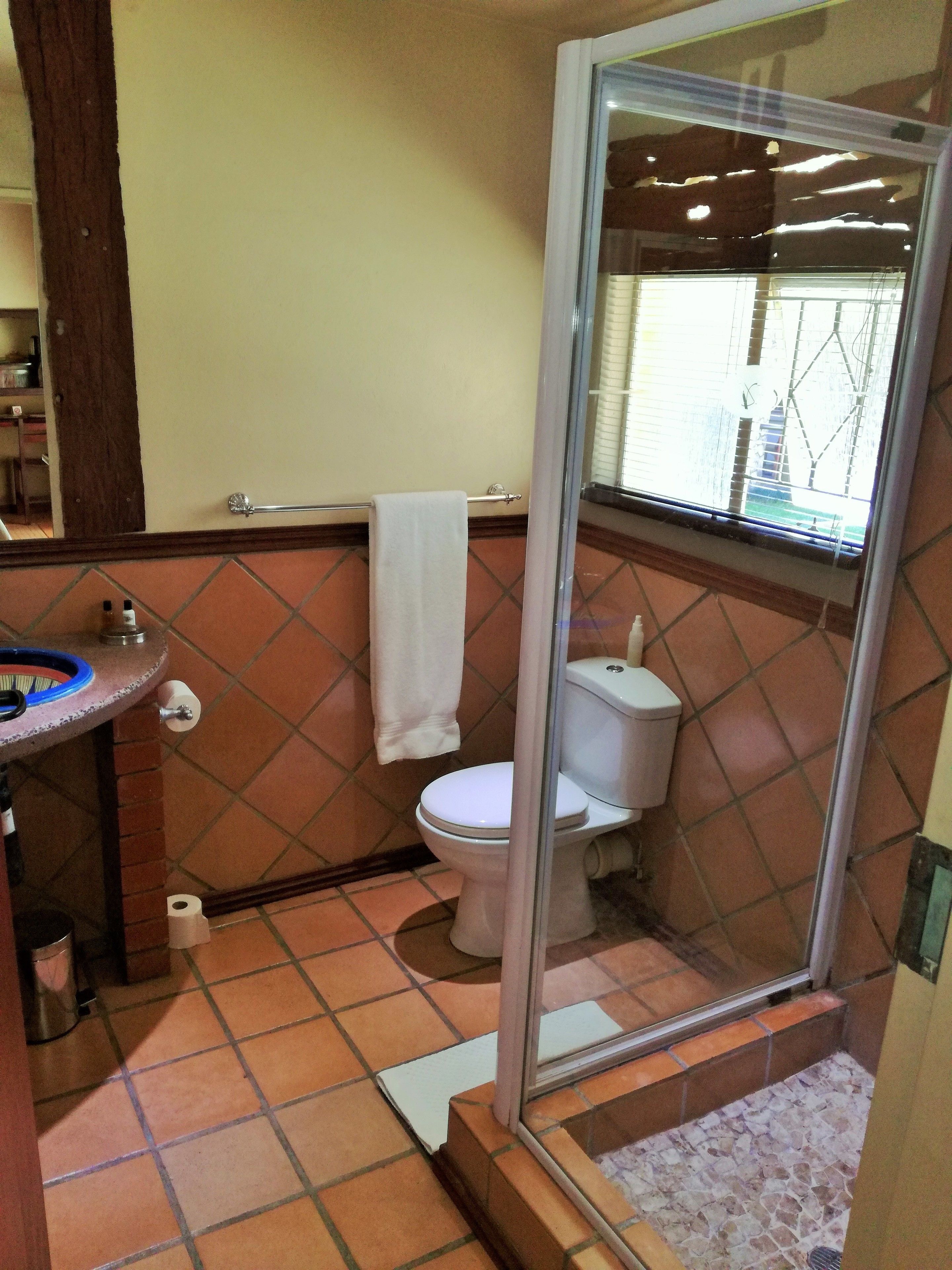 Ein Badezimmer mit Toilette, Waschbecken und Dusche.