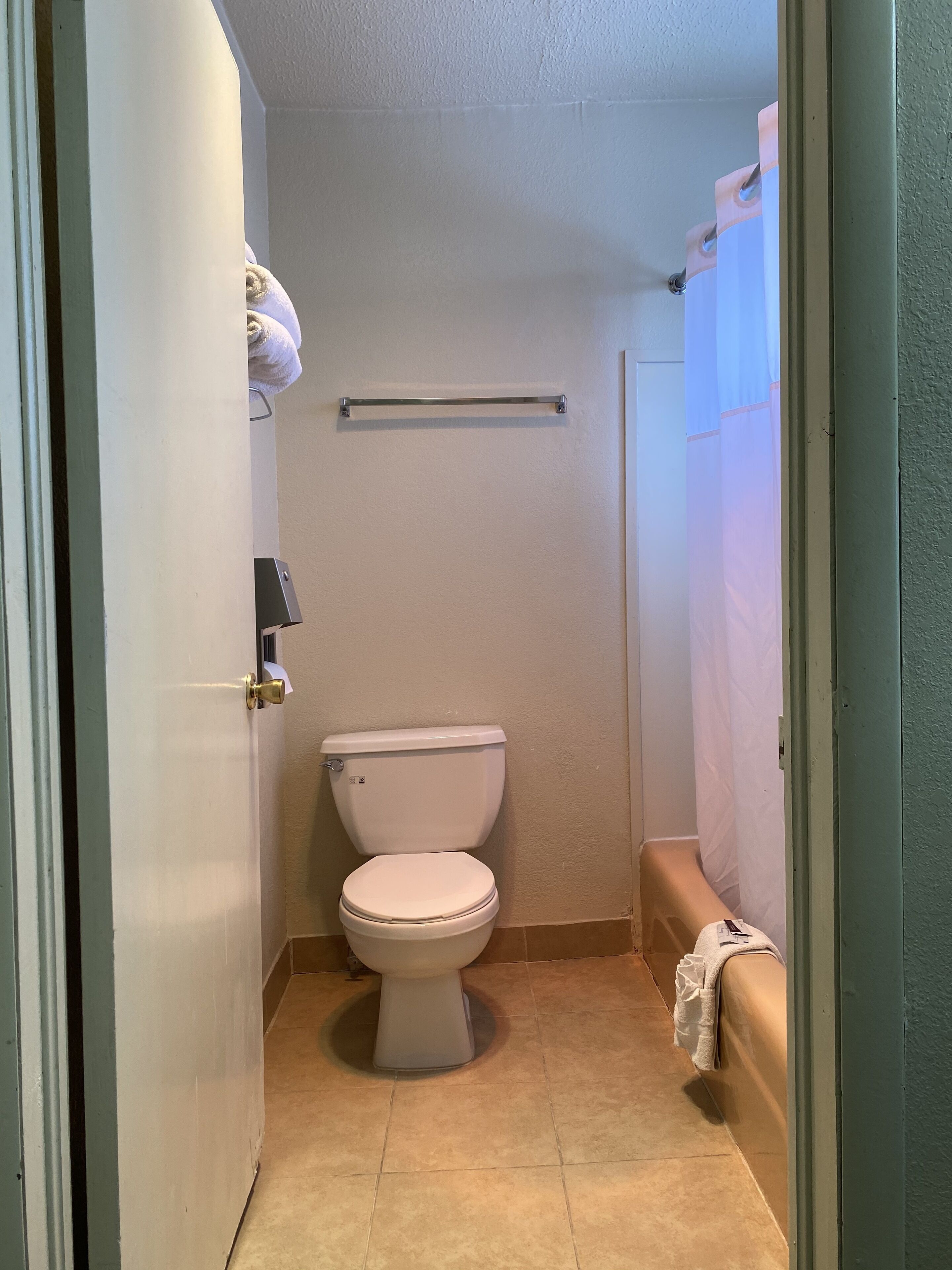Un baño pequeño con inodoro, perchero y cortina de ducha.
