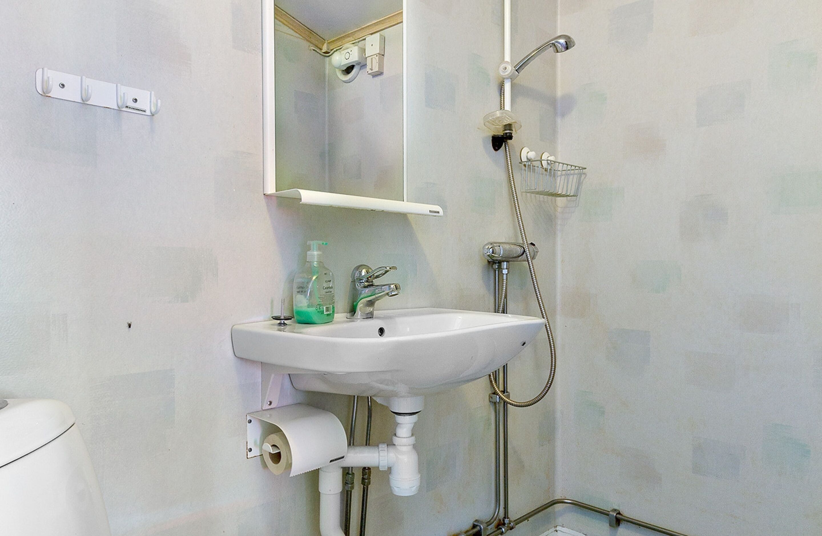 A bathroom with a sink, mirror, shower, and toilet.