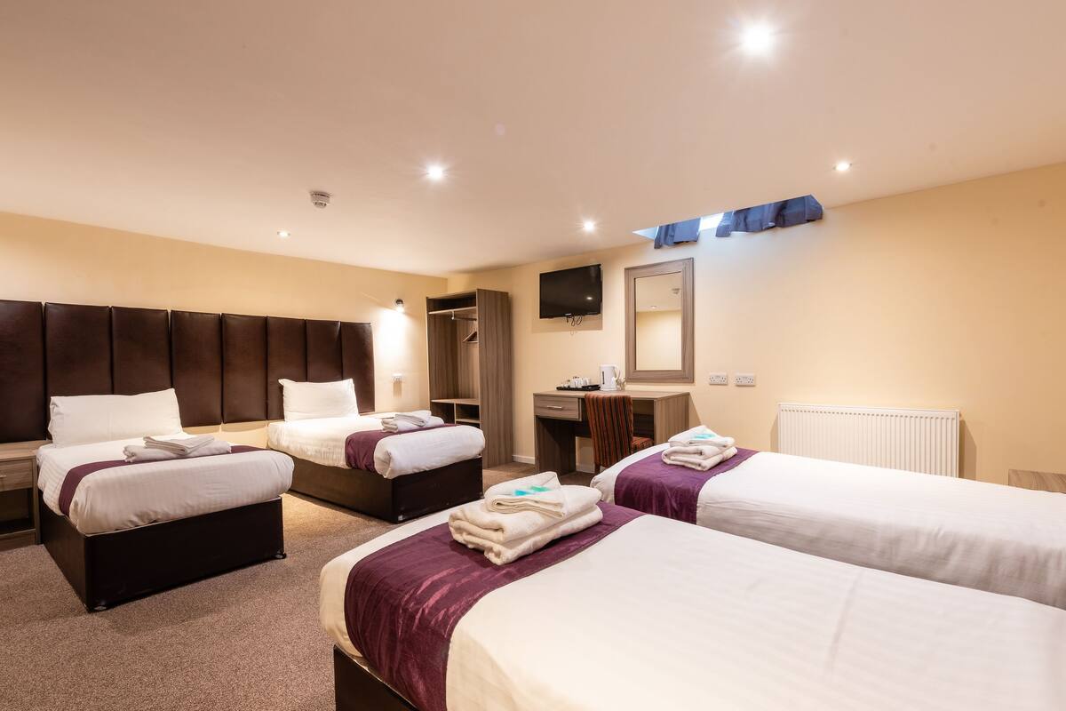 A hotel room with two beds, a desk, a chair, a mirror, and a television.