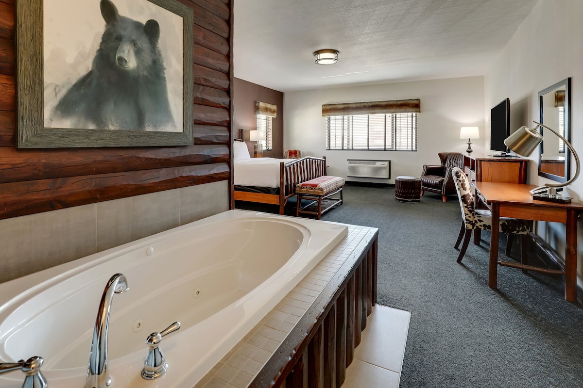 Una habitación de hotel con una bañera grande, una cama, un escritorio y un televisor.