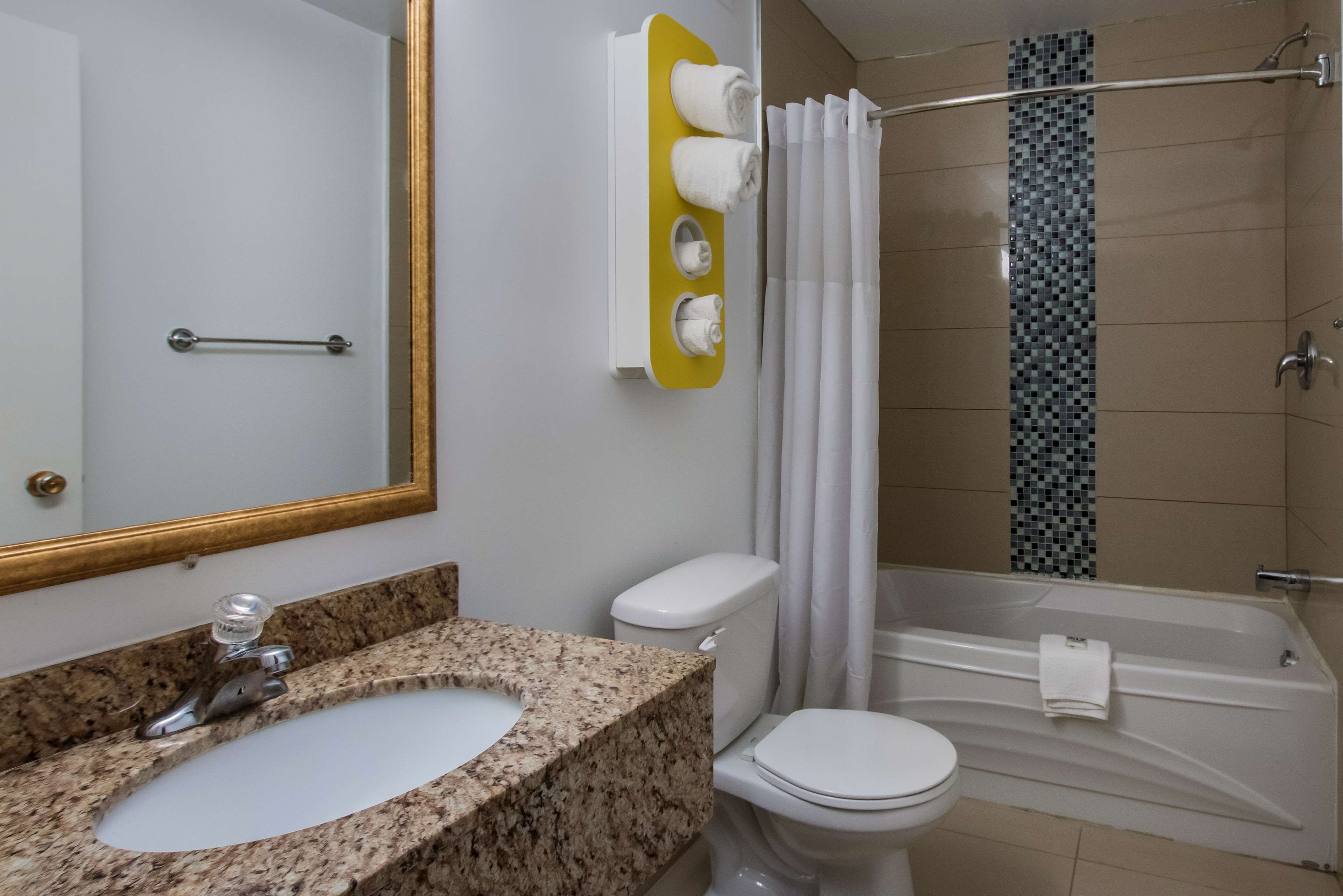 A bathroom with a granite sink, white toilet, and a bathtub with a shower curtain.