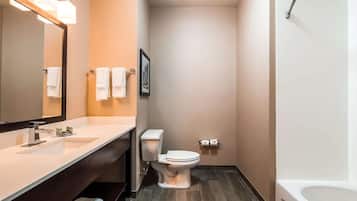 Combined shower/tub, hair dryer, towels, soap