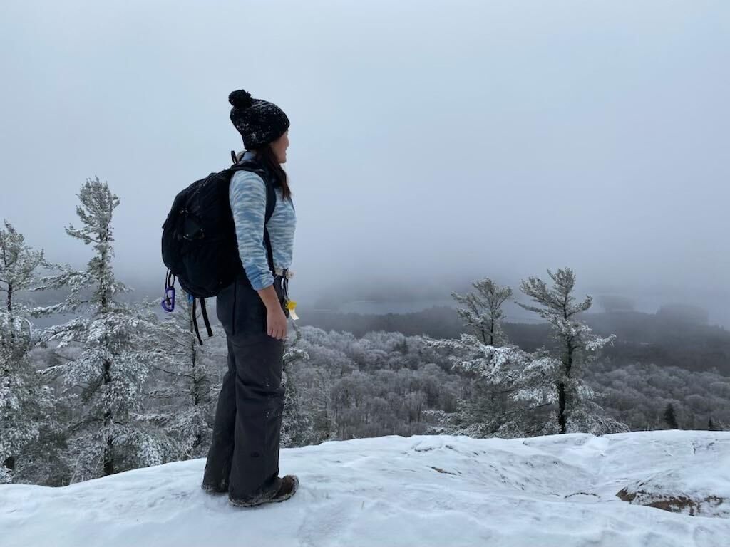 A person standing on a snowy mountain with a backpack, overlooking a forested valley.
