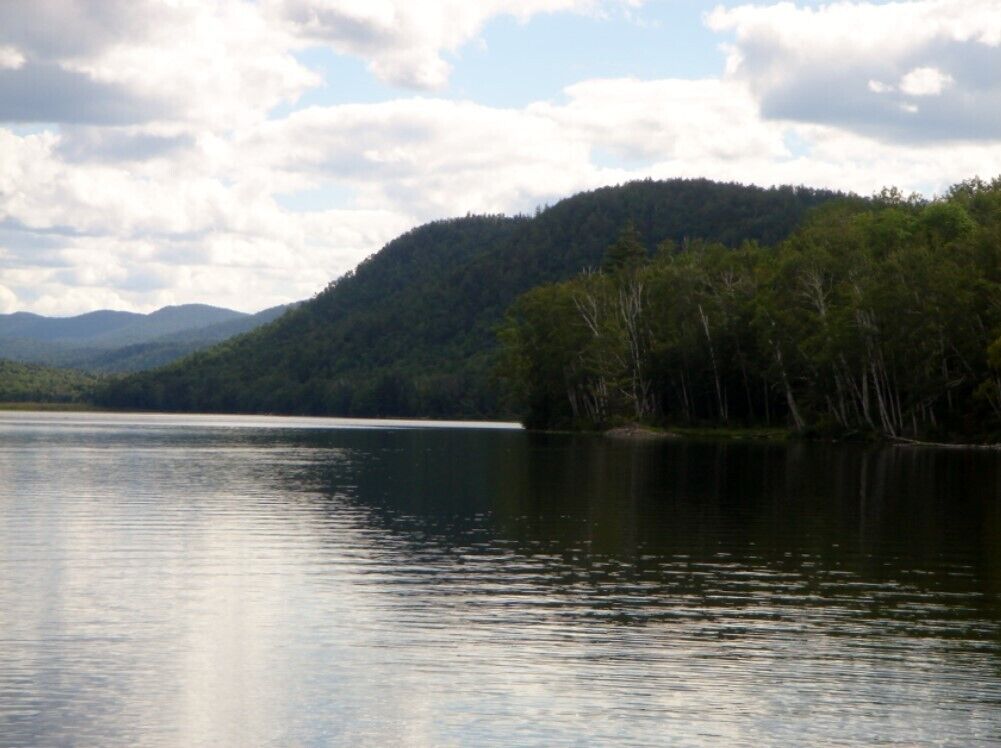 A calm lake with a forested hill in the background.