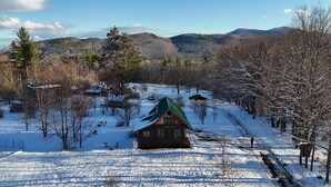 A cabin with a green roof surrounded by snow-covered trees and a clear sky. - Beautiful cottage on scenic Adirondack hobby farm  (North River)