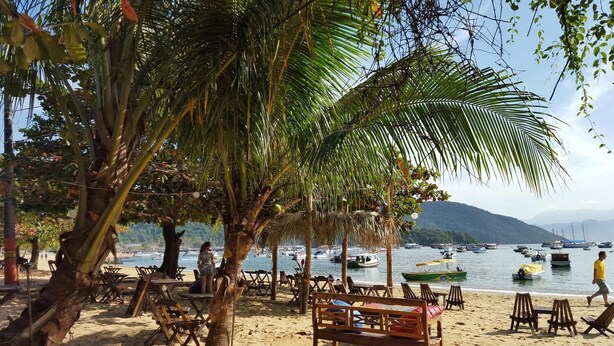A beach with palm trees, lounge chairs, and a view of boats on the water. - Pousada Vento Sul (Angra dos Reis)