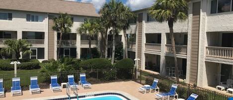 A hotel with a swimming pool, blue lounge chairs, and palm trees.
