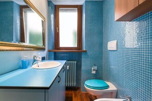 Shower, hair dryer, towels, shampoo