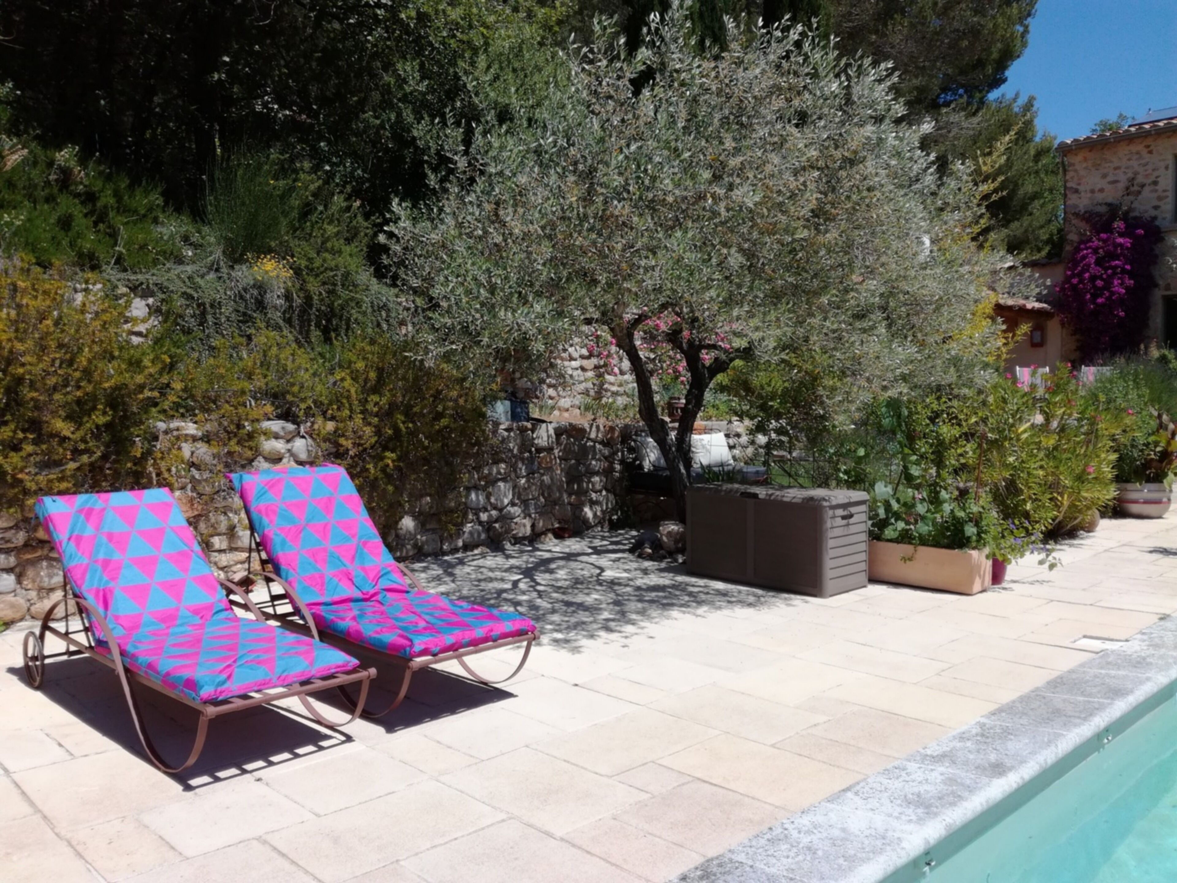 A poolside area with two lounge chairs and a stone wall with greenery.