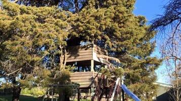 Children can play on the slide and climb the structure in this park setting.
