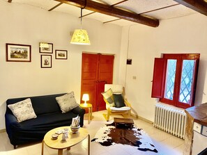 Flat-screen TV, fireplace, books, music library