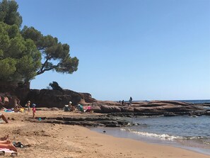 En la playa y camastros 