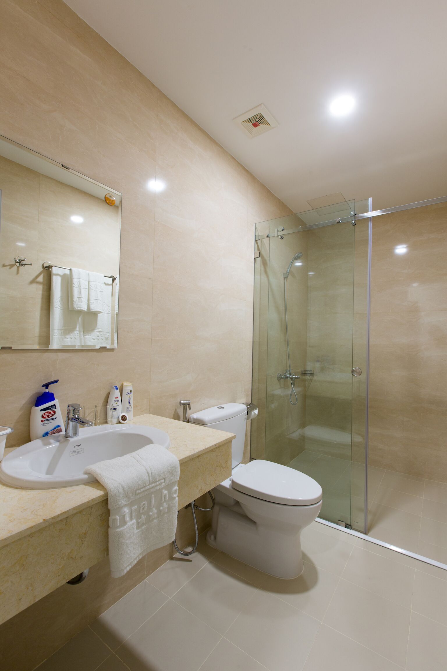 shower, rainfall showerhead, designer toiletries, hair dryer