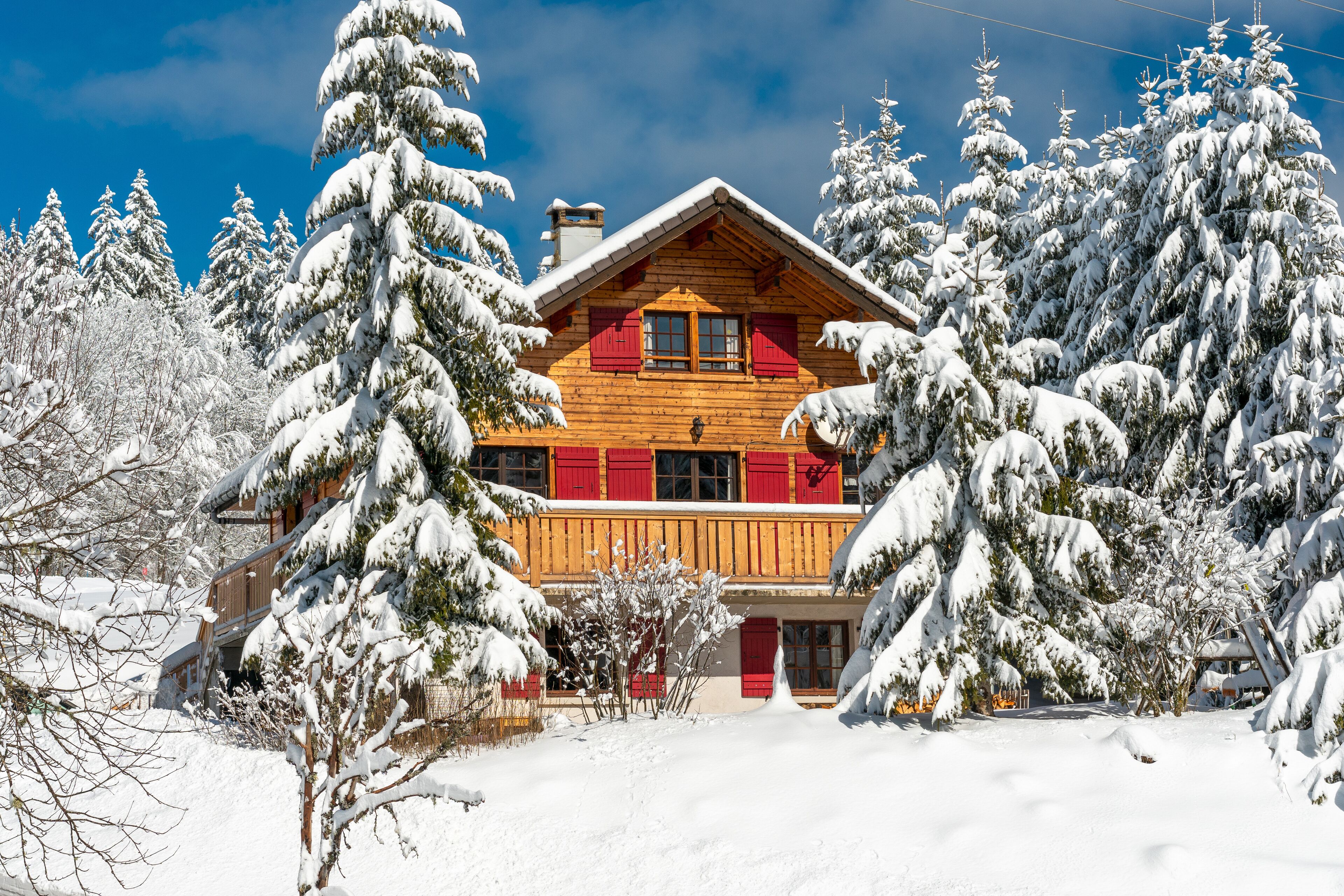 Une cabane en bois avec un toit rouge, entourée d’arbres couverts de neige.