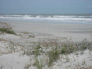 On the beach, sun-loungers