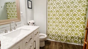 A bathroom with a sink, mirror, toilet, and shower curtain. - Lake McConaughy Cabin within walking distance to beach!  (Lewellen)