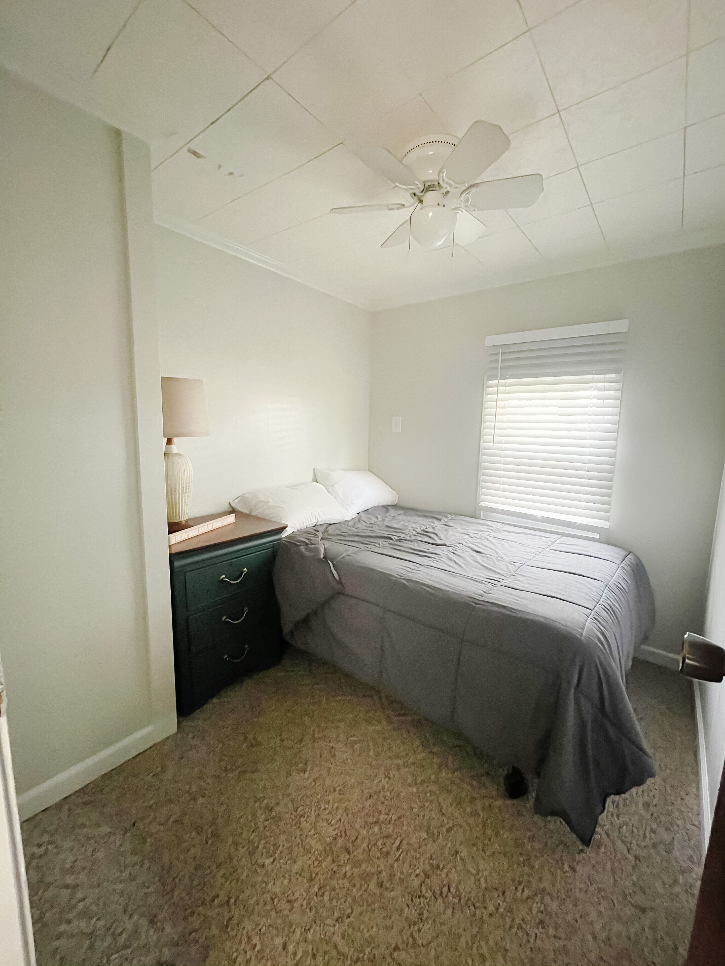 A bedroom with a bed, a nightstand, a lamp, a ceiling fan, and a window with blinds.