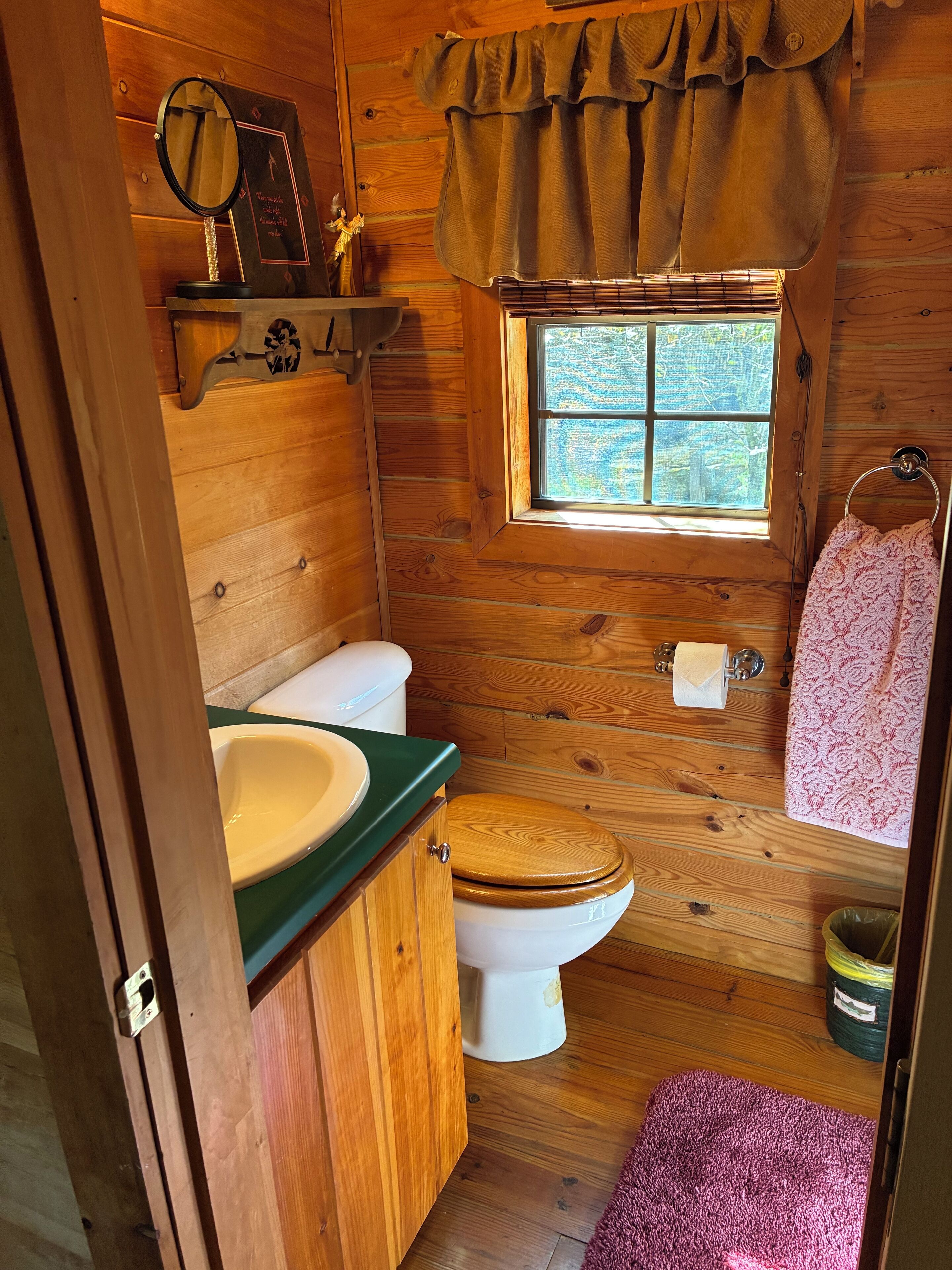 Une salle de bain rustique, aménagée dans une cabane en bois, avec des toilettes, un lavabo et une fenêtre.