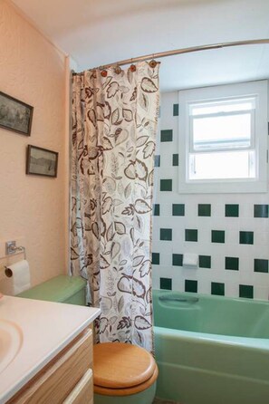 Combined shower/tub, hair dryer, towels, soap