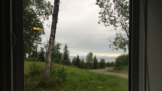 A window view of a grassy area with trees and a distant mountain range. -  A Centrally-Located Vacation Home For All Your Kenai Peninsula Adventures! (Kasilof)