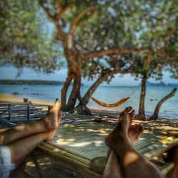 On the beach, sun loungers, beach towels